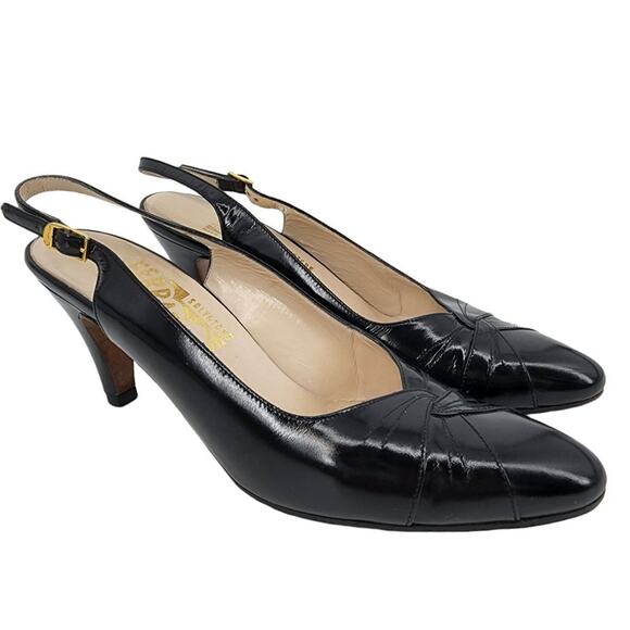 Salvatore Ferragamo Leather Semi Pointed Toe Slingback Heels Size 7.5 Narrow - Picture 1 of 7